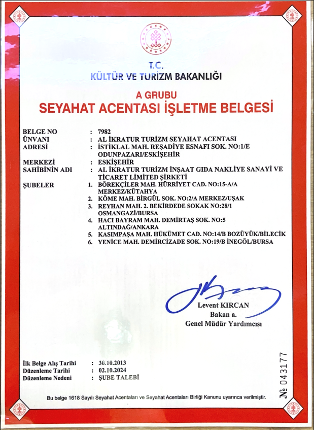 A Grubu Yetkili Seyahat Acentası İşletme Belgemiz